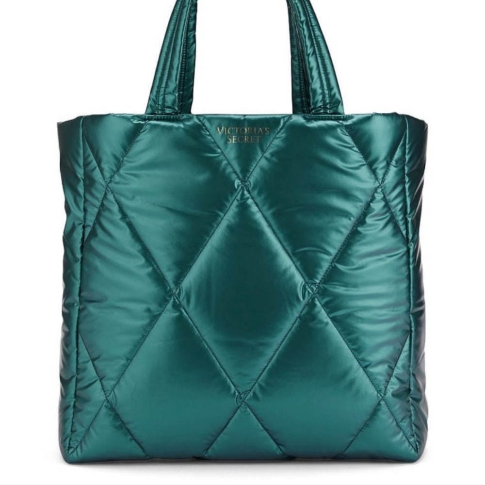 Victoria's secret tote bad 2022 holiday large quilted puffer green teal metallic